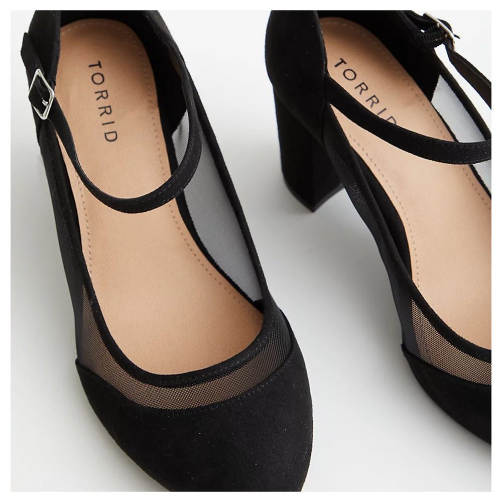 Black Faux Suede Mary Jane Mesh Heel (WW) - Picture 2 of 4